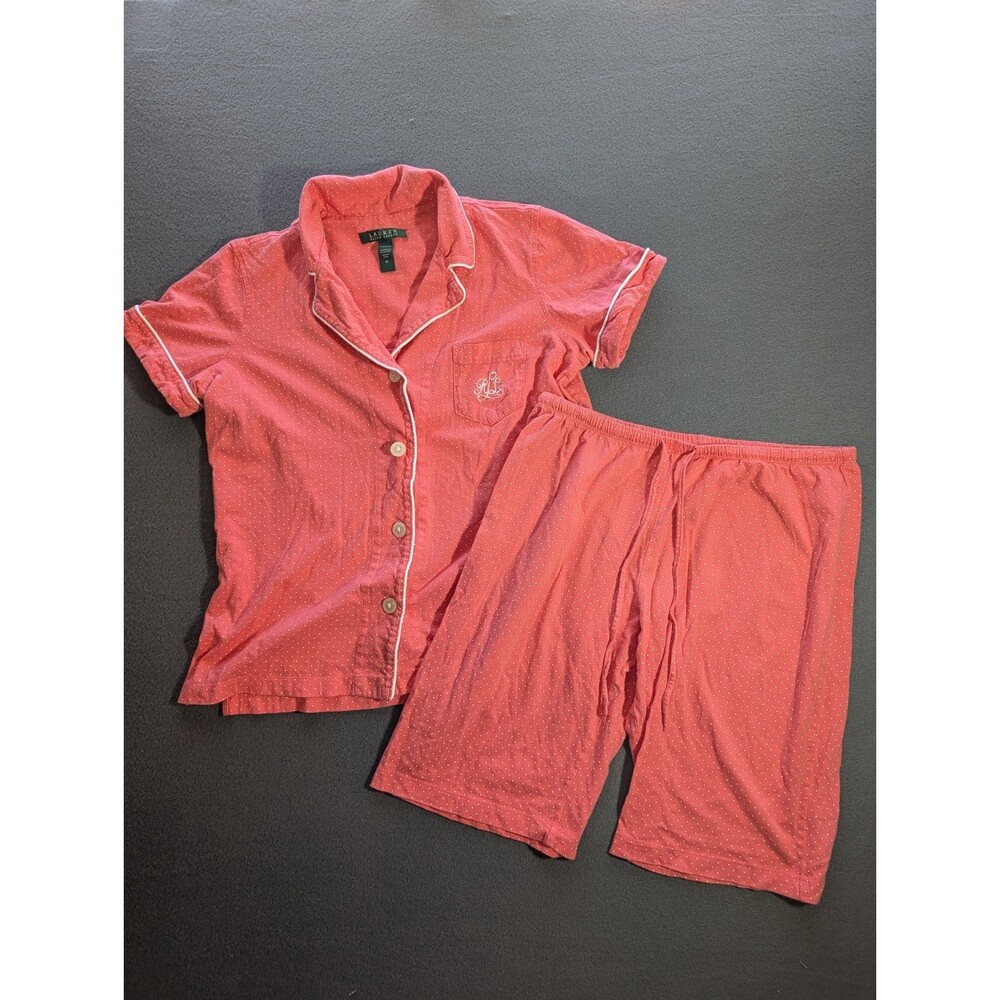Lauren Ralph Lauren Womens Medium Coral Polka Dot Cotton Pajama Shorts Set